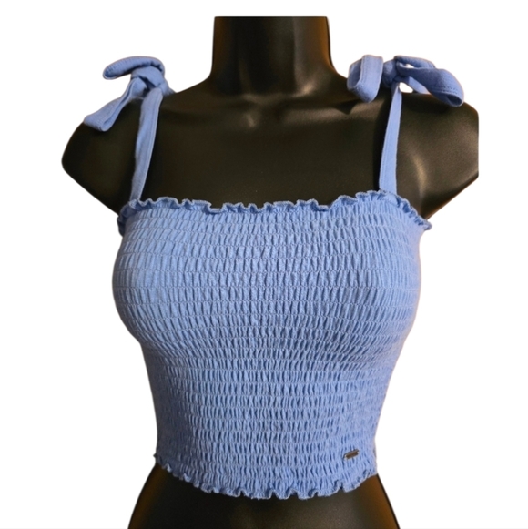 Hollister Sky Blue Smocked Cropped Tank with Tie Straps Concert Festival Coastal - Picture 1 of 7